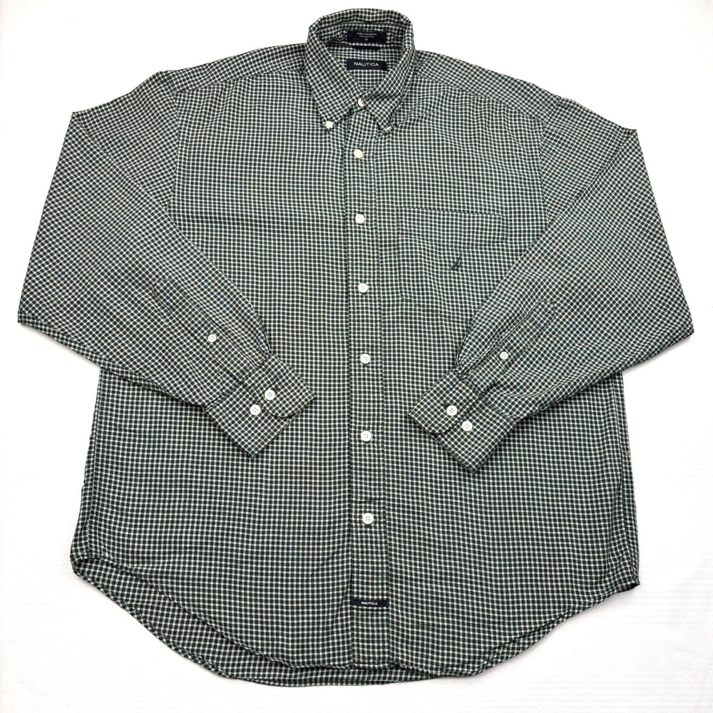 Nautica Mens Medium Green White Tattersall Check Long Sleeve Button Down Shirt M
